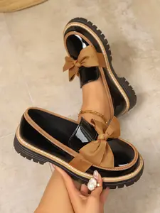 Women's Solid Color Thick Sole Loafers, Comfortable and Versatile High-Quality Shoes, Glossy Finish, Large Bow Design, Campus Style
