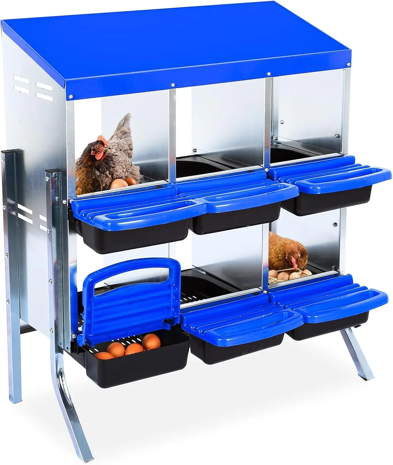 6-Hole Blue Chicken Nesting Box with Stand, Roll-Out Safe Egg System, Sturdy Ventilated Build, Rustproof Plastic Tray, Keyhole Mounting, Versatile Setup for Chicken Coop Hens