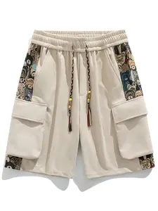Men's Trendy Colorblock Cargo Shorts with Cartoon Print, Casual Pocket Shorts, Fitted Design for Fall & Winter, Stylish 3D Pocket Decoration, Drawstring Shorts, Casual Fashionable Shorts