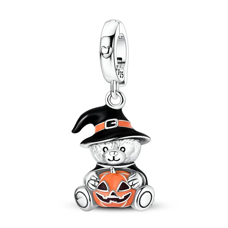 MULA S925 Sterling Silver Dangle Charm, Cute Spooky Teddy Bear with Witch Hat & Pumpkin, Halloween Animal Collectibles Jewelry for Daughters, Basic, Glossy
