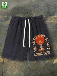 Men's Vintage Washed Cotton Shorts - Oversized Loose-Fit Batik Print (Candle & " My Life") Grey Distressed Wash - Casual Streetwear Swim-Ready Swim Shorts - Machine Washable Corduroy-Like Texture (...