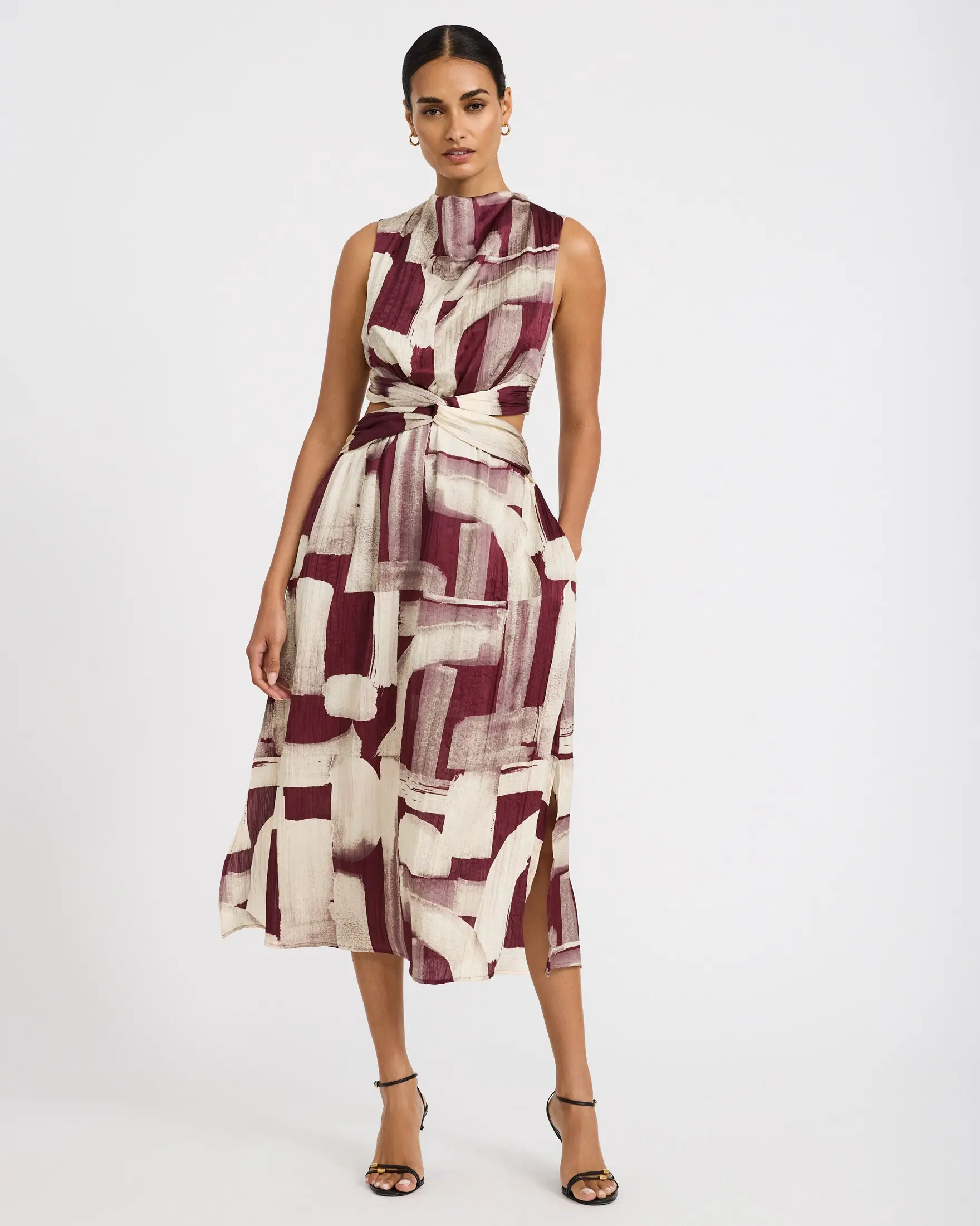 Express Printed Satin Mock Neck Twist Front Cutout Midi Dress with Pockets