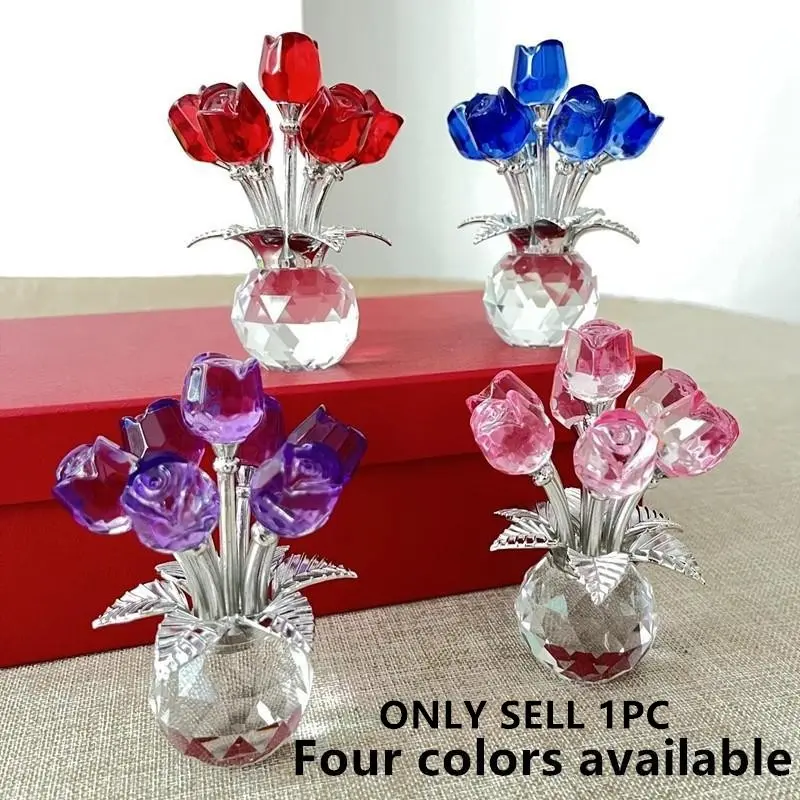 Elegant Crystal Glass Rose Figurine, Artificial Crystal Decorated, Home Decor Ornament, Decorative Flower Ornaments, Romantic Gift for Any Occasion, Ideal for Festival