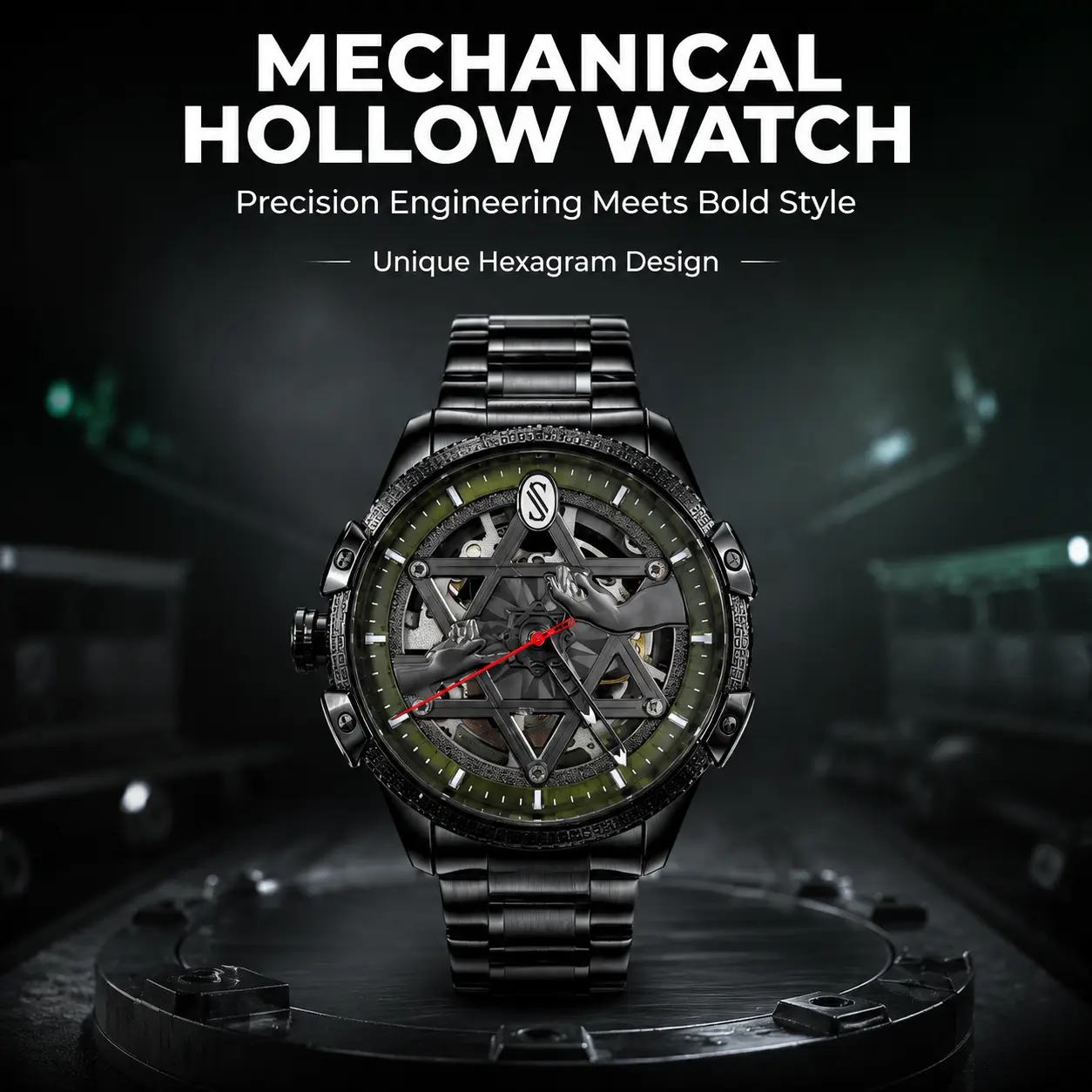 Hexagram Star Skeleton Automatic Mechanical Men’s Watch, Full Black Stainless Steel Bracelet, Hollow Open Work Dial Industrial Luxury Sports Wrist Watch, 100M Water Resistant Skeleton Dress Watch