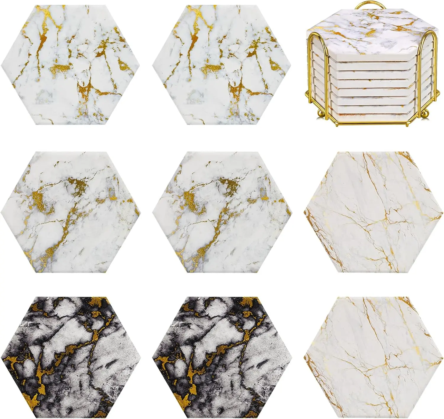 Real Natural Marble Coasters Set of 8,Luxury Gold Aesthetic Modern Coasters,Absorbent Stone Coasters,Handmade Coasters for Table Décor - Fits Any Coffee Mug, Drinking Glass, Barware