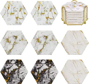 Real Natural Marble Coasters Set of 8,Luxury Gold Aesthetic Modern Coasters,Absorbent Stone Coasters,Handmade Coasters for Table Décor - Fits Any Coffee Mug, Drinking Glass, Barware