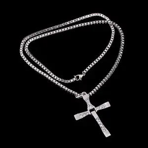 cross Necklace Pendant Vin Diesel Necklace Men's Jewelry with Box (Silver)