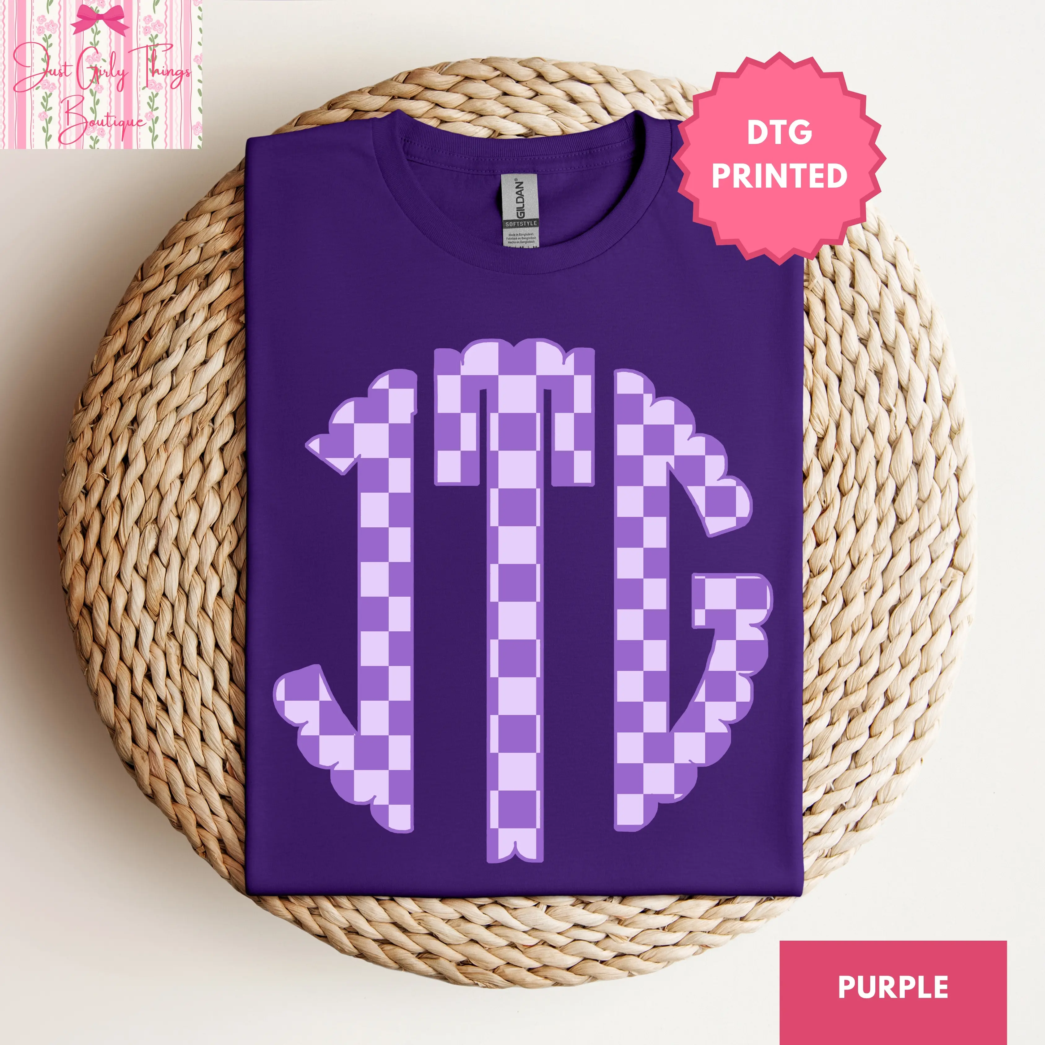 Custom Purple Checkered Monogram Shirt - Gildan 64000 Softstyle Tee - (Leave First Name Initial, Last Name Initial, Middle Name Initial in Notes at Checkout), Custom Name Shirt, Personalized Name Shirt, Custom Checkered Monogram Shirt
