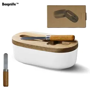 【Beepnife】 Elegant Acacia Wood Butter Box with Food-Safe Lid & Matching Knife, High Temperature Resistant, Moisture & Odor Resistant, Scratch-Resistant, Kitchen Gadgets for Fresh Storage & Elegant Serving