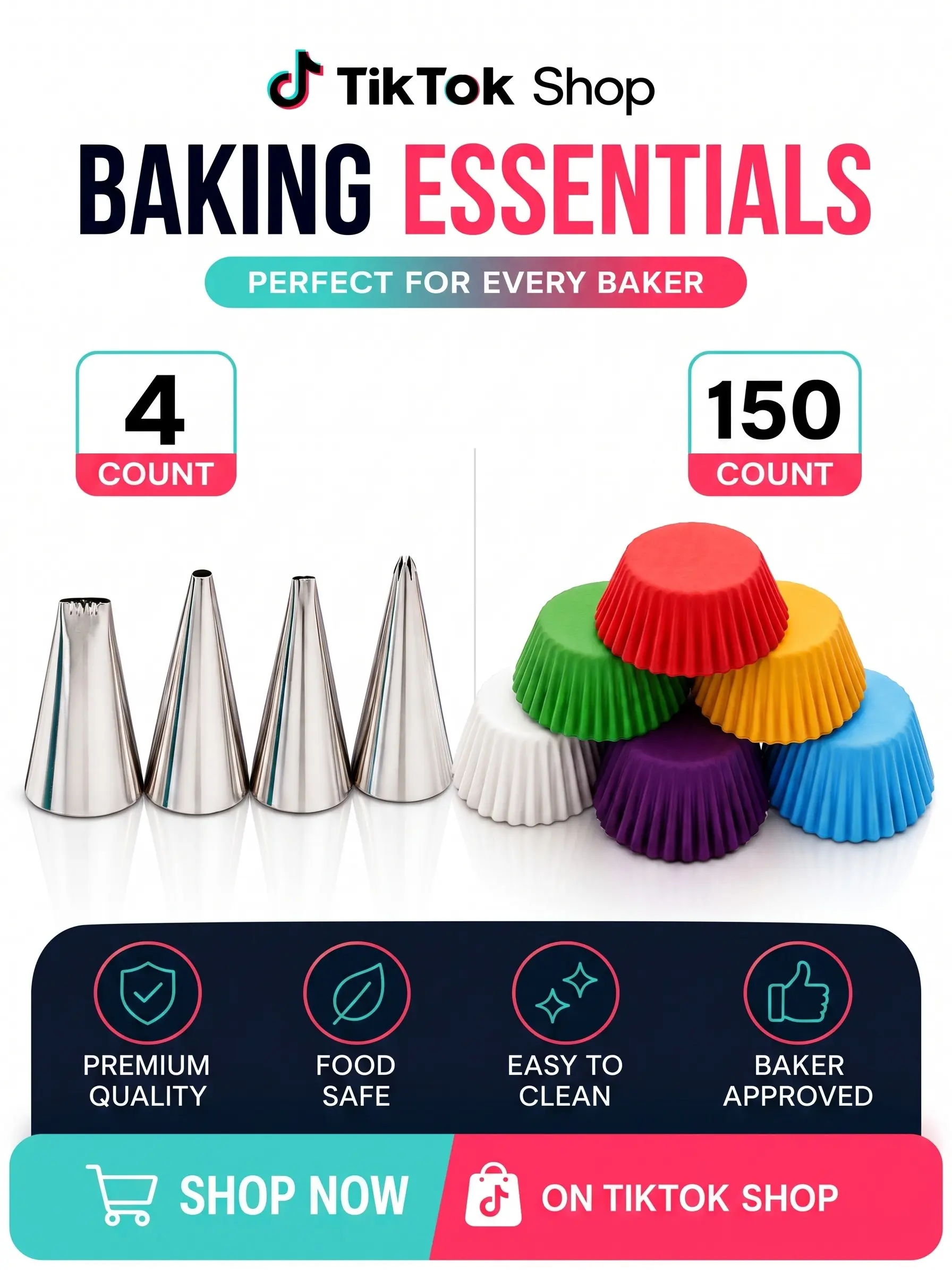 Disposable Baking Cups & Icing Writing Tip Set - 150-Count Cupcake Liners, 4-Count Bold/Tones Mini Cupcake Liners, Assorted Colors, 4-Piece Baking Utensils Kit