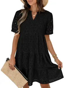 COCCKO 2026 New Arrival Womens Summer Eyelet Dresses Casual Babydoll Swing V Neck Short Sleeve Hollow Out Lace Tunic Dress