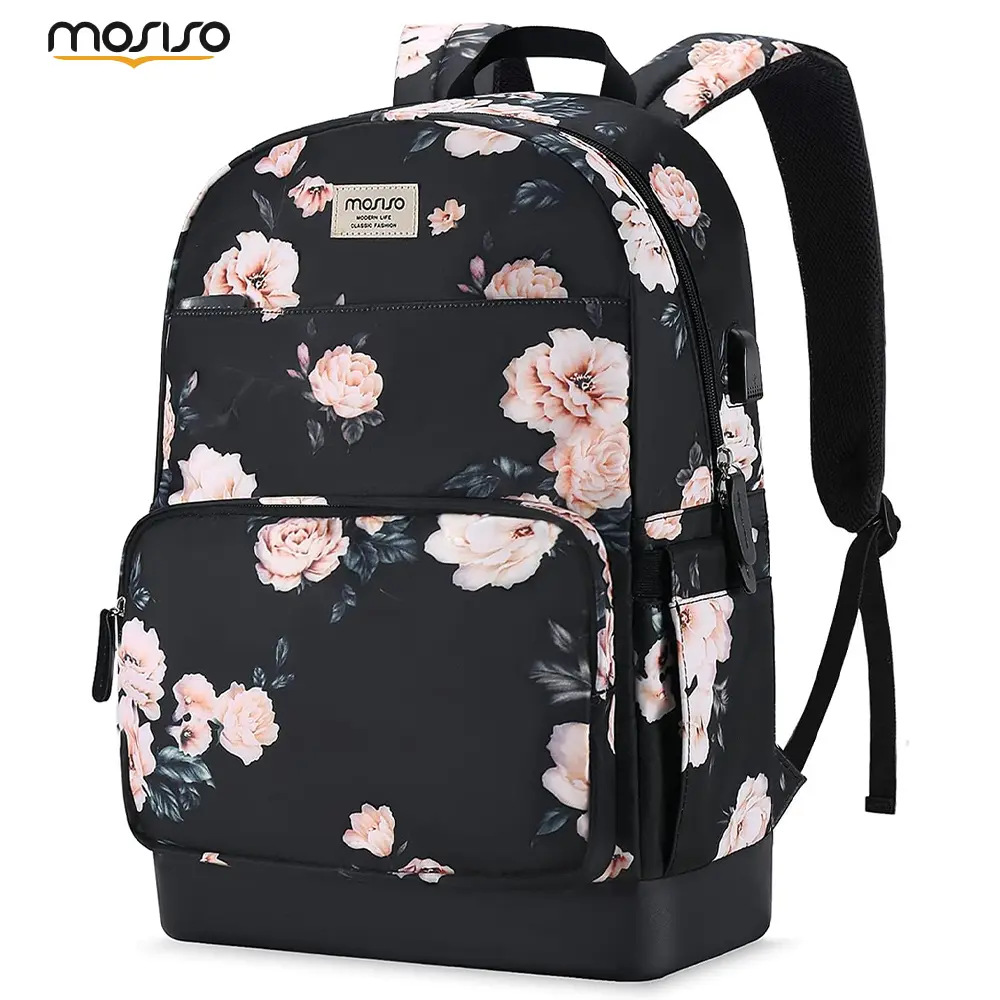 MOSISO Floral Polyester Backpack for Adults, Water-Resistant Everyday Carry for Travel and School with Adjustable Shoulder Strap, Fits 15.6-16 Inch Laptops, Flowers, Polyester Fits, Unisex Names, On The Road, Usb Port, Floral Print