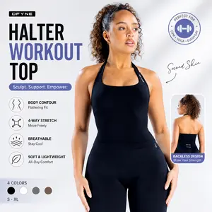 【Limited Stock】With Logo DFYNE |  Womens Seamless Workout Jumpsuit Halter Backless One Piece Yoga Romper, Tummy Control Scrunch Butt Bodycon Gym Outfit, High Stretch Activewear for Fitness Running