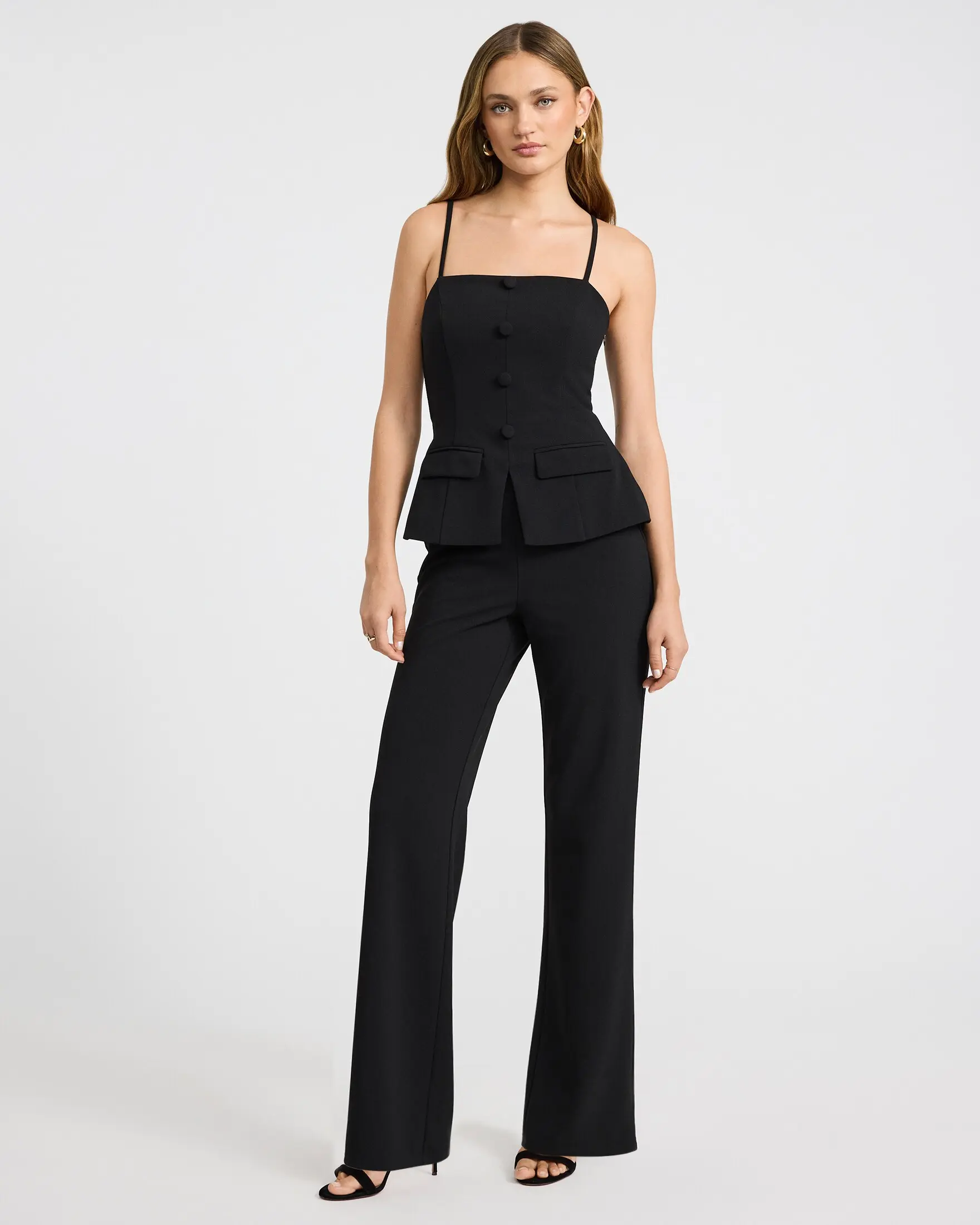 Express Square Neck Button Front Peplum Tailored Wide Leg Jumpsuit