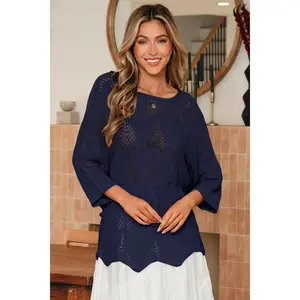 Navy Blue Hollow Out Knit 7/8 Sleeve Casual Sweater