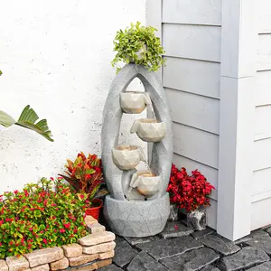 Modern Geometric 4 - Layer Bowl - Shaped Stone - like Water Fountain with LED & Plant Tray, Multi - layer Water Feature, Decoration for Courtyards, Terraces and Gardens