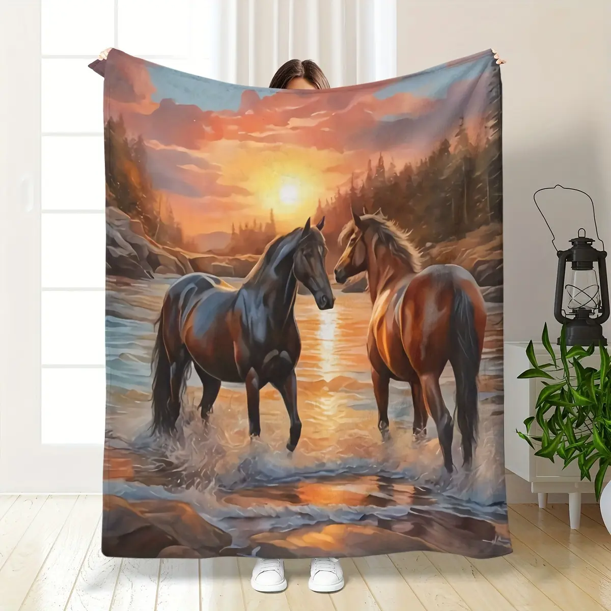 Horse Print Flannel Blanket - Soft, Warm Polyester Contemporary Blanket, Hypoallergenic, Suitable for Home/Travel Indoor Use, All-Season Universal Bedding Throw for Sofa, Bed, Office Gift Choice