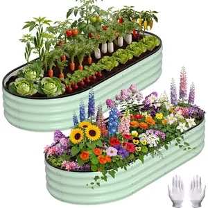 Garvee 2-Piece Galvanized Raised Garden Bed – Outdoor Oval Planter with Raised Platform, Includes Gloves & Rubber Edge Trim, Ideal for Vegetables, Flowers & Herbs, 4x2x1 ft, Green