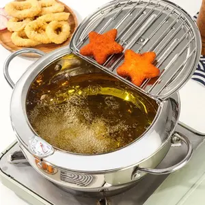 Sus304 Stainless Steel Fryer Pot, Japanese Tempura Mini Pot, Oil-Saving, Splatter-Proof, with Thermometer, Ideal for Fried Foods