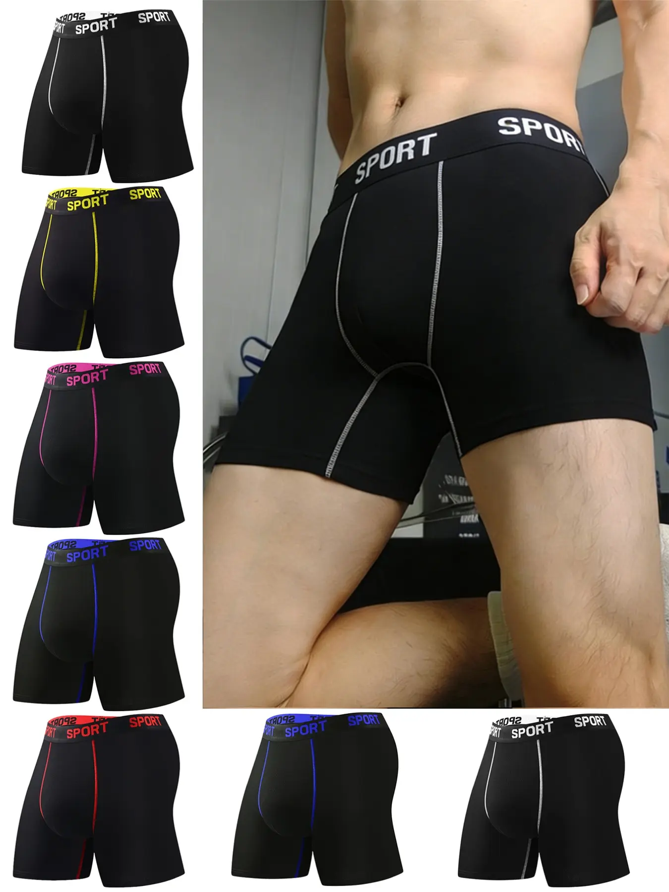 7 pcs Men's long flat corner underwear, Stretchy sports underwear, Workout innerwear, Comfortable, breathable, lightweight, soft, tight fit, suitable for home wear and fitness boxing, Breathable boxer briefs