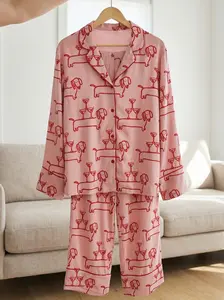 Women’s Dachshund Long Satin Pajama Set, Martini And Weenies Dog Print Button Up Sleepwear, Cozy Loungewear PJs, Cute Pajama Gift for Her