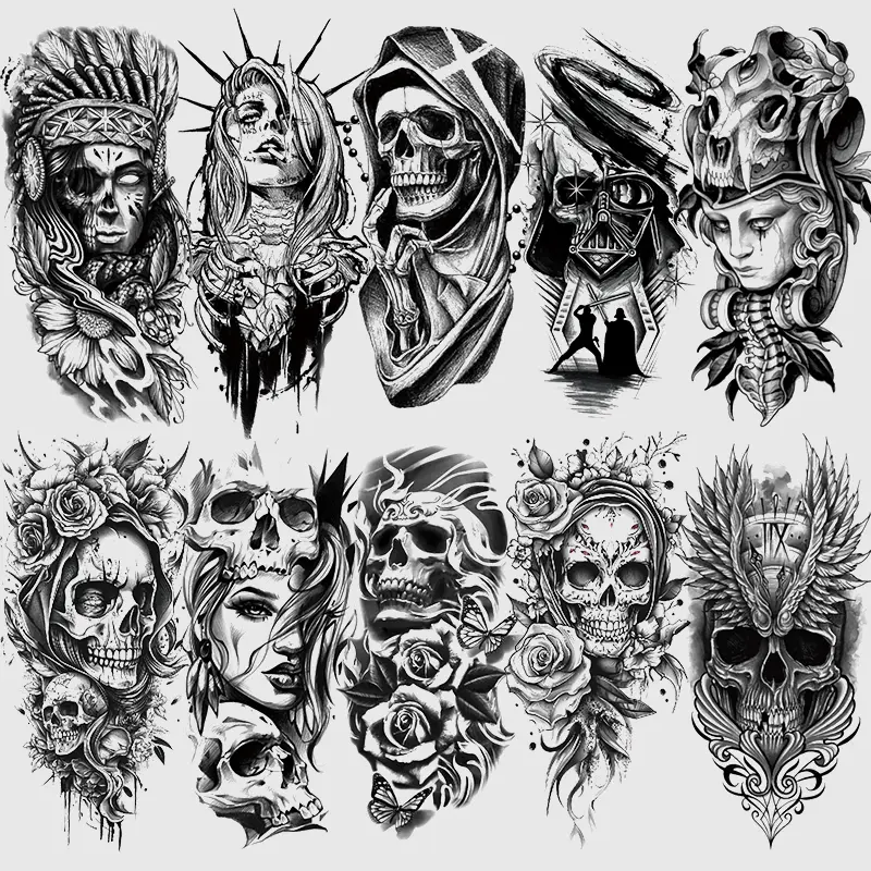 10 Waterproof Skeleton Temporary Tattoo Stickers, Realistic Non-Glossy Fake Tattoos, Ephemeral Tattoos for Arm Leg, Long-Lasting Halloween Body Art Makeup