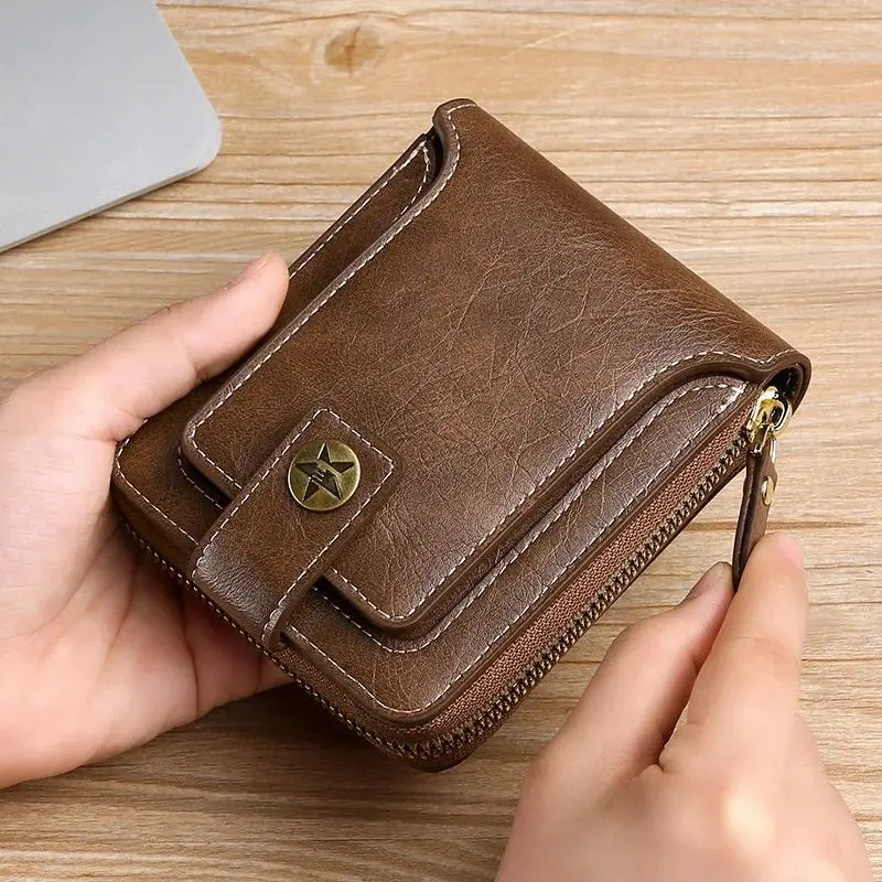 Classic Vintage Men’s PU Leather Short Wallet with Zipper & Hasp Closure wallet men men's wallets Classic Vintage Men’s PU Leather Short Wallet with Zipper & Hasp Closure wallet men men's wallets