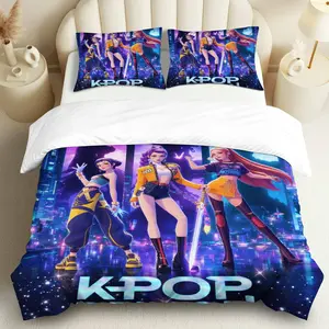 3PCS Duvet Cover Set, 1 Duvet+2 Pillowcases(Without filler), Futuristic K-pop Graphic  Urban Fantasy theme, Halloween bedding set, vibrant design Suitable for decoration bedroom, dorm, music studio, apartment