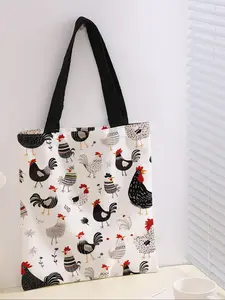 Rooster Print Casual Storage Bag, Tote Bag, Night Scene, Fashionable and Trendy, Suitable for Daily Shopping, Office Use, Various Occasions