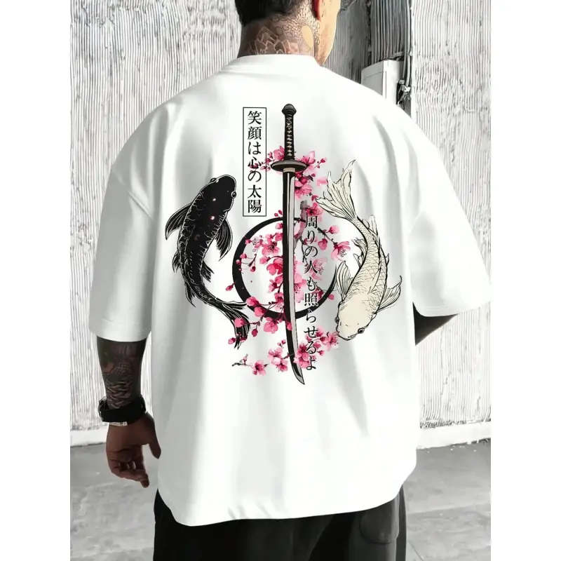 Men's Traditional Japanese Cherry Blossom Print Samurai Sword Loose-Fit T-Shirt - Classic Comfy Breathable Fabric Streetwear, Casual Summer Daily/Outdoor Top, Holiday Gift, Tshirt, Menswear, Stylish, Japanese Style Men's Short-Sleeve T-Shirts, Samurai Sty