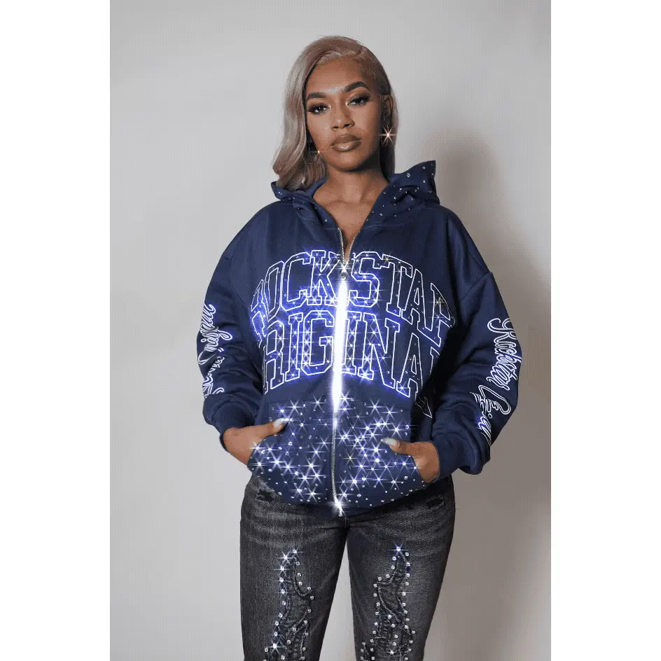 Alvina Navy Rhinestone Zip Up Hoodie - TikTok Shop