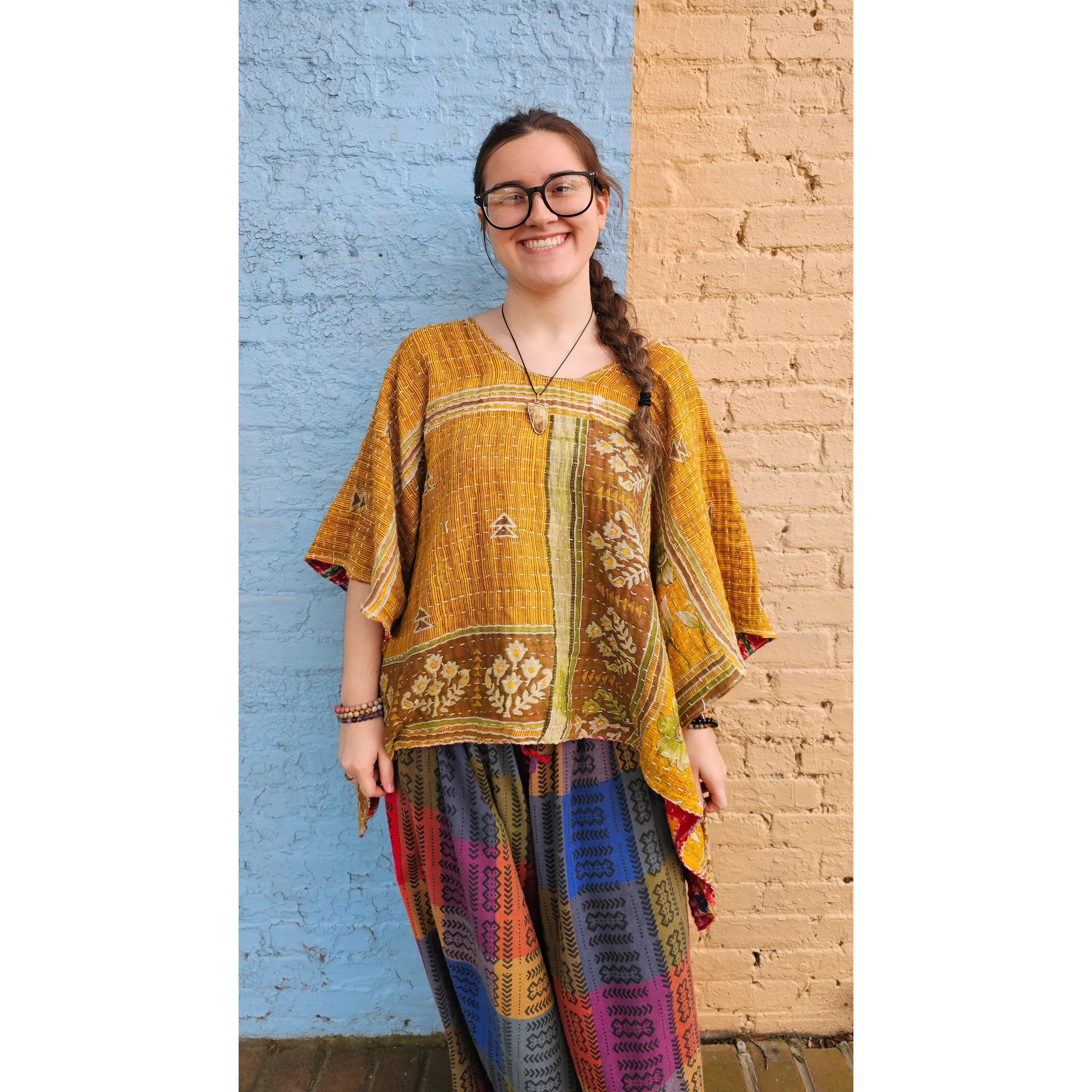 Enchantress Kantha Top | Boho Hi Low Upcycled Blouse #1343