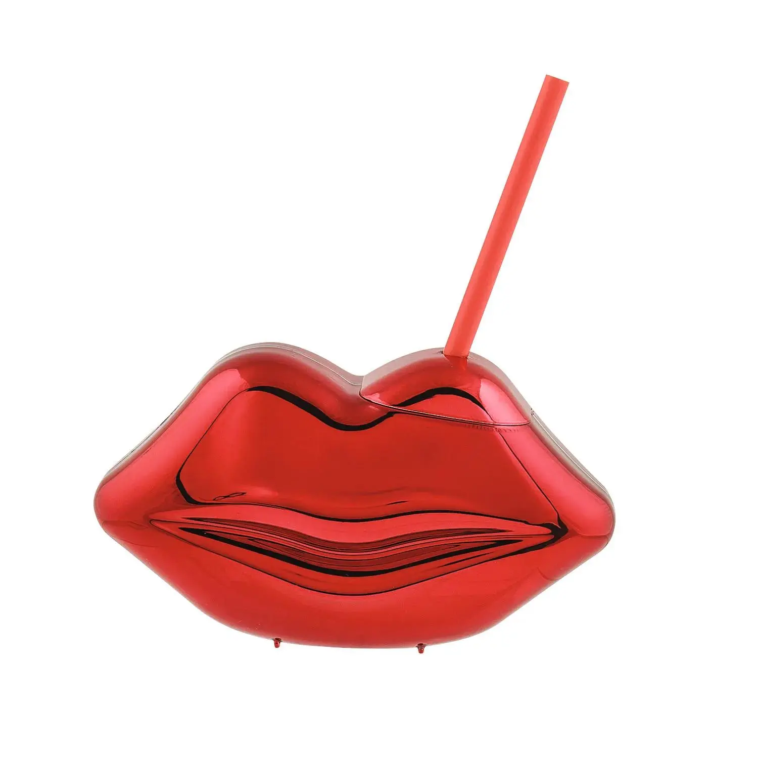 Metallic Red Lips-Shaped Plastic Party Cup - 15 3/4" 12oz, with Lids & Straws, 6 Pieces, Ideal for Valentine Gifts, Kitchenware Drinkware Accessory