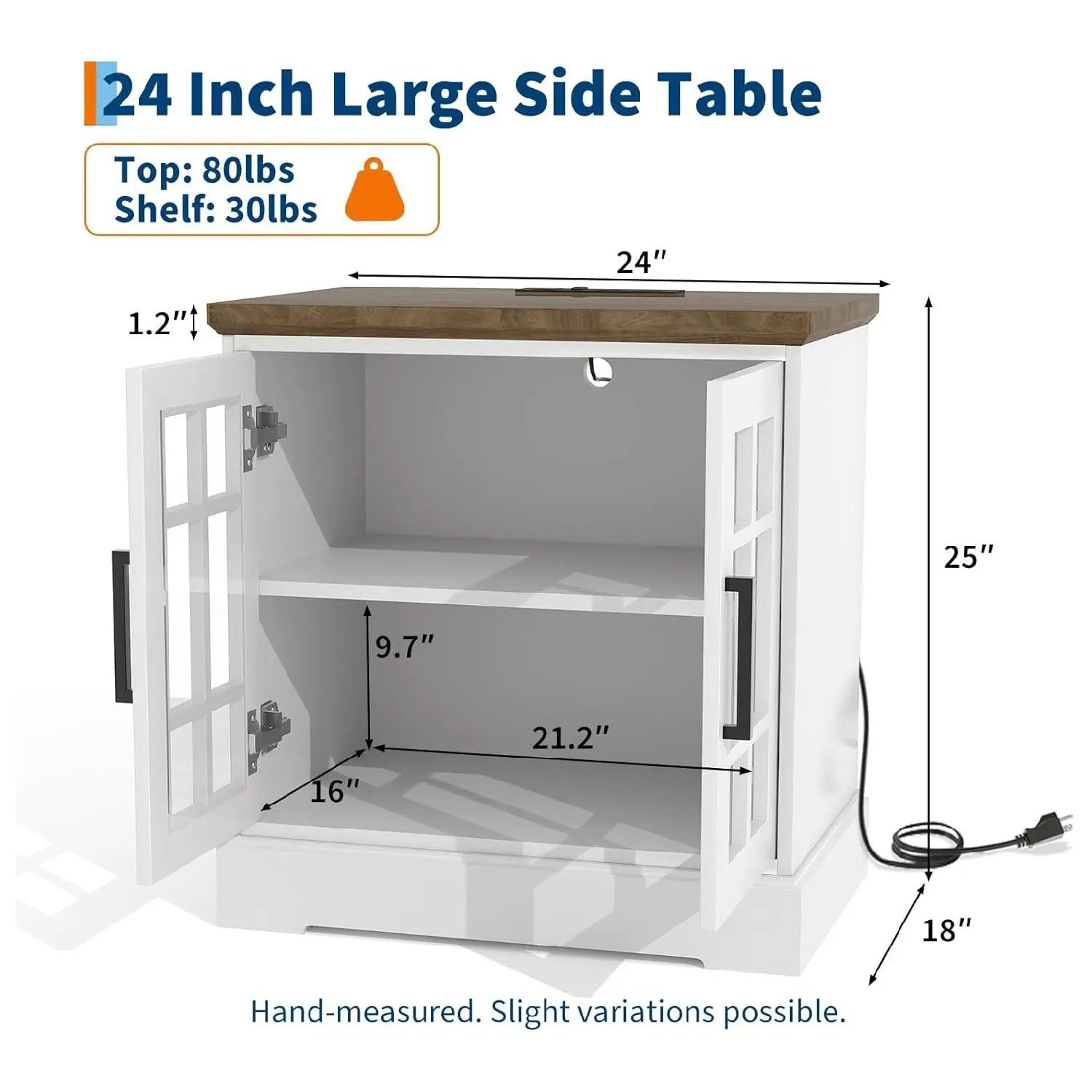 24inch Farmhouse End Table Rustic Square Nightstand Sofa Side Table with Charging Station Adjustable Storage Shelf for Living Room Bedroom White