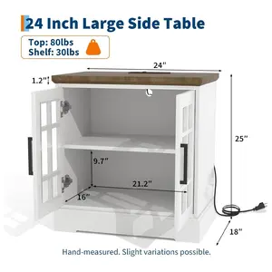 24inch Farmhouse End Table Rustic Square Nightstand Sofa Side Table with Charging Station Adjustable Storage Shelf for Living Room Bedroom White