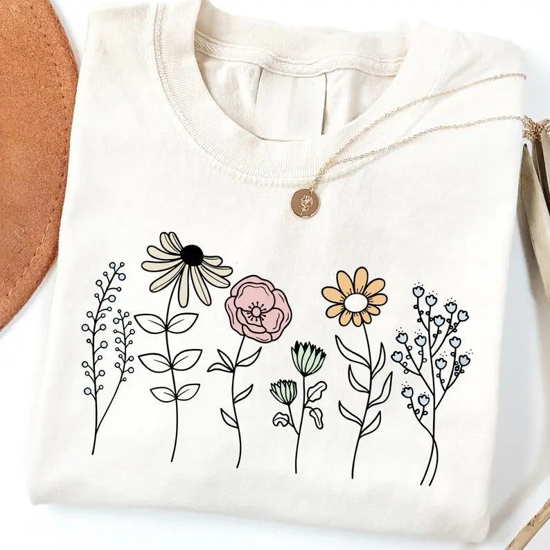 white Colors Daisy TShirt, Boho Floral Cottagecore T-Shirt, Botanical Tee, WildFlower TShirt, Nature Spring T-Shirt for Women