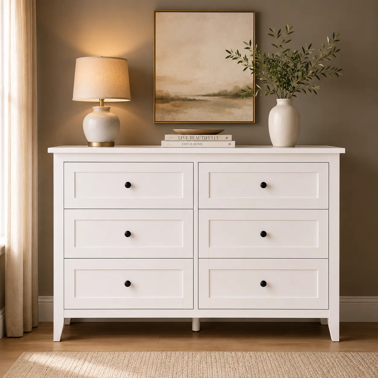 VOWNER 6 Drawer Dresser for Bedroom with Metal Knobs, Mid-Century Dresser Wood Chest Organizer with Wide Storage, for Bedroom, Living Room, White