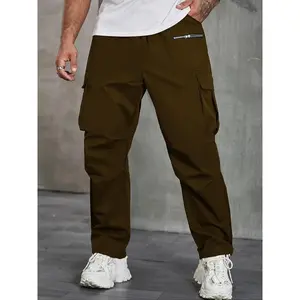 Men's Plus Size Casual Work Pants, Zipper Pockets, 100% Polyester Fiber, All Season Solid Color Sportswear, Durable Woven Fabric, Comfortable Fit with Elastic Waistband