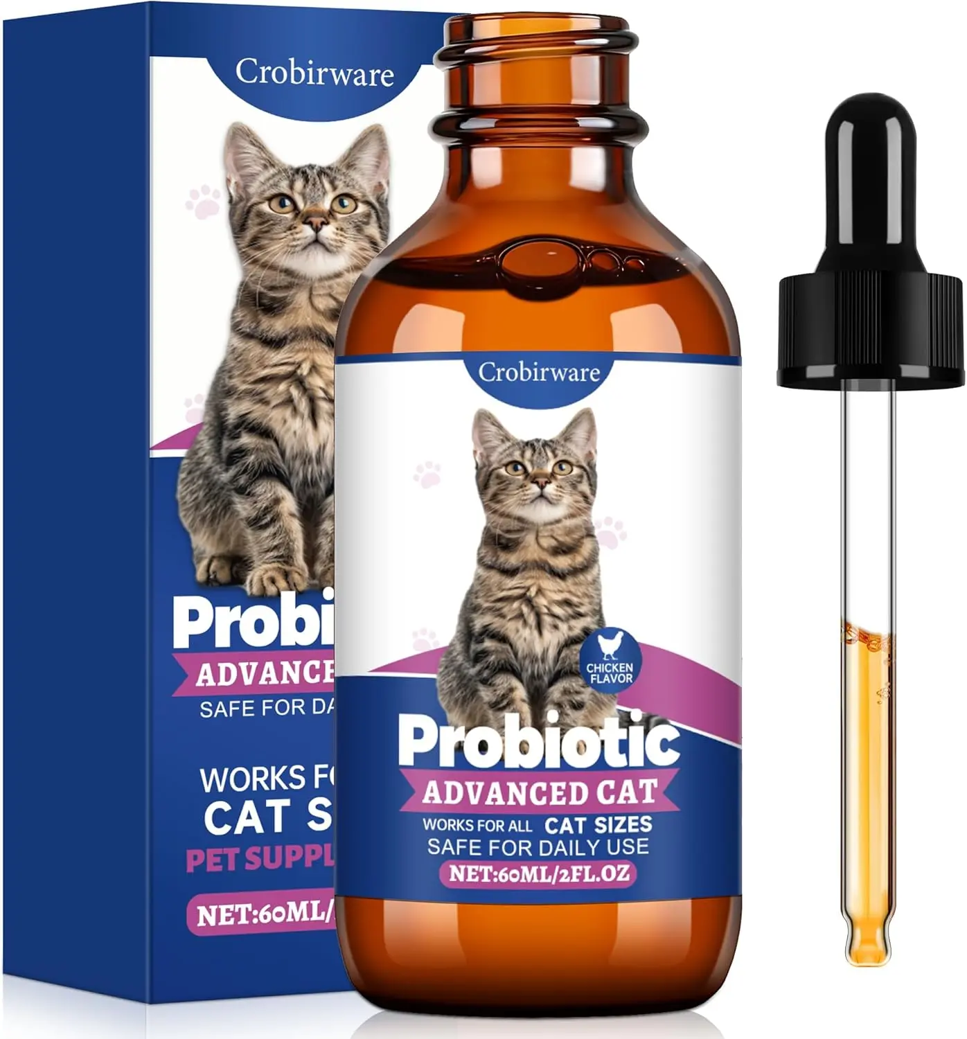 Liquid Probiotics for Cats with Prebiotics & Collagen, Digestive Health Supplement for Constipation, Diarrhea Relief & Immune Support, Skin and Coat Stool Softener, Chicken Flavor, 2 fl oz