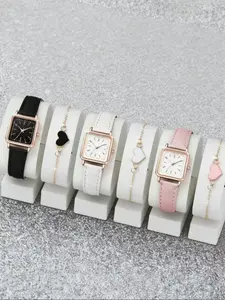 6Pcs Women's Fashion Casual Quartz Jewelry Watch Set, Square Dial with Digital Numbers, Heart Bracelet, Alloy Case, Mineral Glass, All Seasons