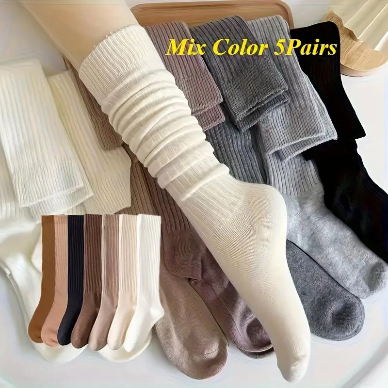 Women's 5 Pairs Ribbed Calf Socks, Mix Color Warm Thick Crew Socks, Soft Stretch Solid Boot Socks for Fall Winter, Casual Outfits, Loafers, Boots and Daily Wear