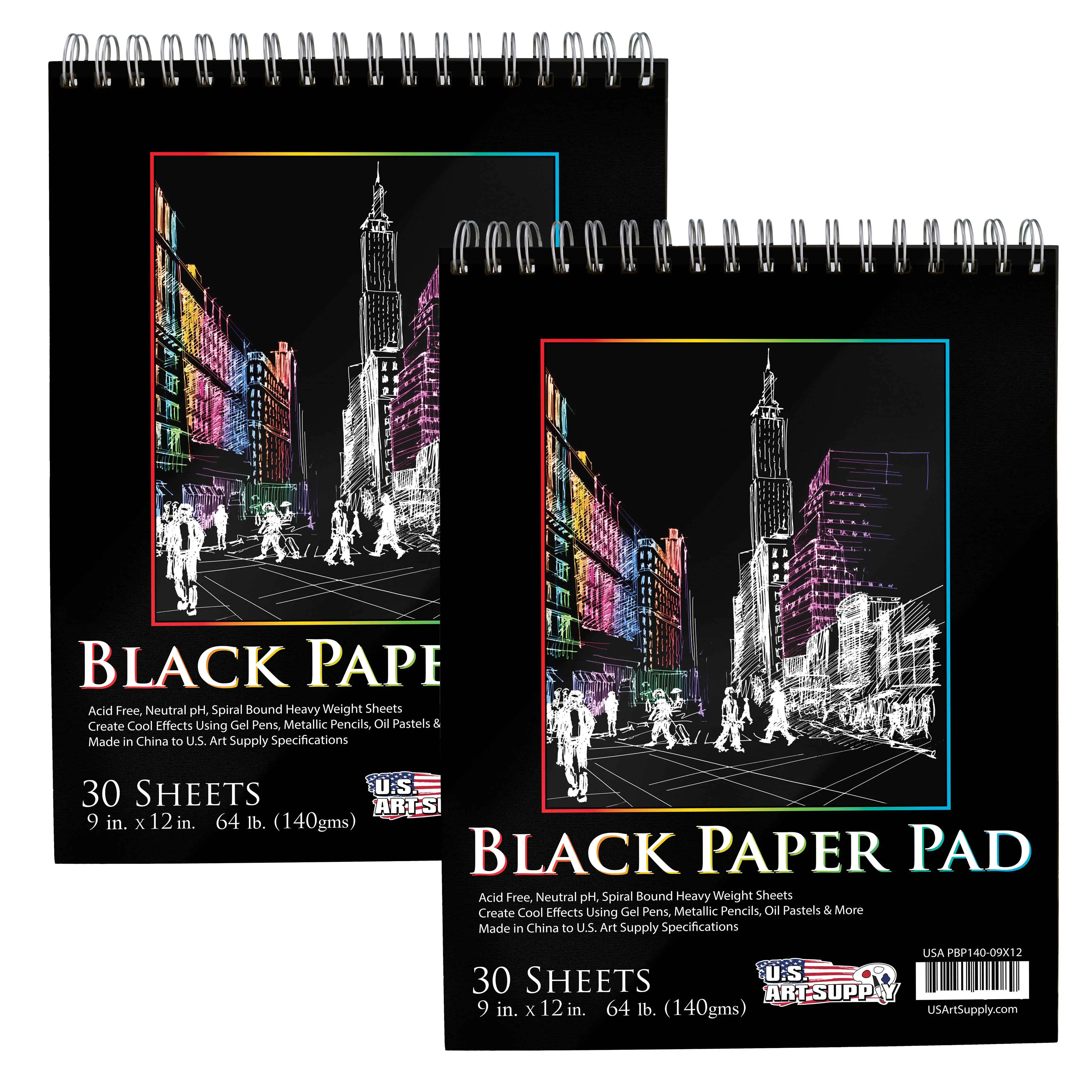 9 x 12" Premium Heavy-Weight Black Paper Sketchbook, 64lb (140gsm), 2 Pack, 30 Sheets, Spiral Bound, Black Paper Notebook for Colored Pencil, Markers, Oil Pastels, Chalk, Charcoal