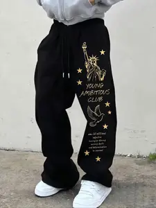 Men's Printed Wide Leg Pants, American High Street Style, Loose Fit Long Pants, Rose Eagle Pattern, Casual Skateboard Wear