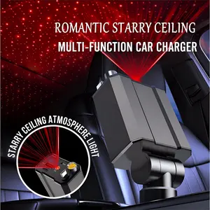 Starry Sky Projector Car Charger with Retractable Cable 4-in-1 Multifunctional Cigarette Lighter Adapter Digital Display Super Fast Charging for All Phones