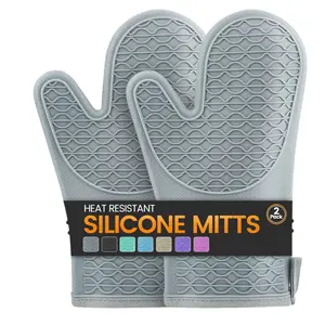 Silicone Oven Mitts, Heat Resistant 2PCS Oven Mitts with Soft Cotton Lining, Waterproof Non-Slip Grip Oven Glove, Kitchen Potholder Mits for BBQ, Baking, Cooking, 12.5 Inch - Grey