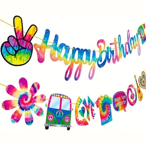 Tie Dye Happy Birthday Banner, Art Theme Party Decorations, Rainbow Colors, Retro 60s 70s Style, Perfect for Carnivals & Parties