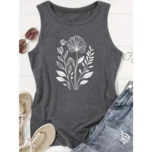 Women's Gift Printed Line Art Floral Pattern Round Neck Sleeveless Tank Top for Spring, Summer, and Autumn, Fashionable Casual Commuting, Vacation, and Daily Versatile Vintage Style Top