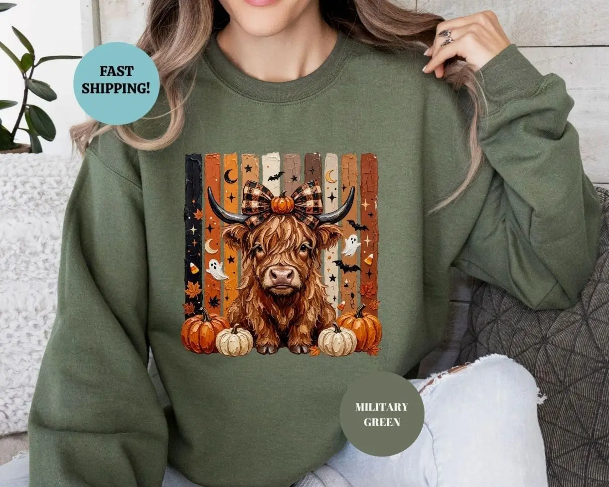 Highland Cow Halloween Sweatshirt, Spooky Fall Cow Hoodie, Pumpkin Season Crewneck, Cute Ghost Pumpkin Autumn Aesthetic Apparel, Western Spooky Season Graphic Sweater, Cottagecore Farm Animal Jumper, Cute Cozy Fall Vibe Gift For Women & Men