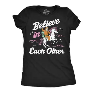 Womens Funny T Shirts Believe In Each Other Sarcastic Alien Bigfoot Unicorn Graphic Novelty Tee For Ladies Funny Womens T Shirts Cute Vintage Fashion Casual Ladies T-Shirt Gift Funny Unicorn Top Women's Novelty Black -