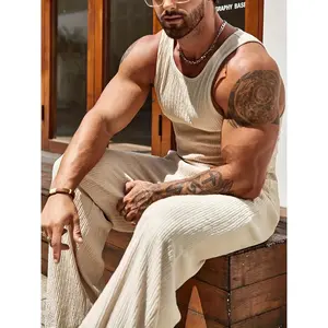 Comfy Summer Collection Polyester Blend Tank Top & Pants - Men's Casual Fashion Outfit Set, Machine Washable Clothes Suits Menswear Gamis Formal Trouser Apricot Short